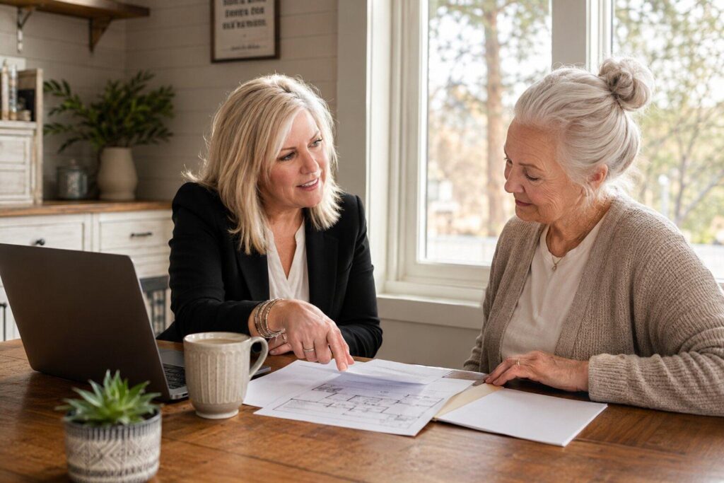 Real estate agent sitting at kitchen table with senior client reviewing documents and talking about home transition 